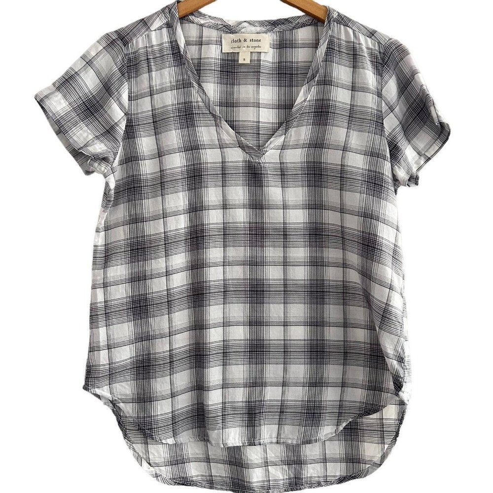 Cloth And Stone Anthropologie Tunic Top V neck Cotton White Black Size S